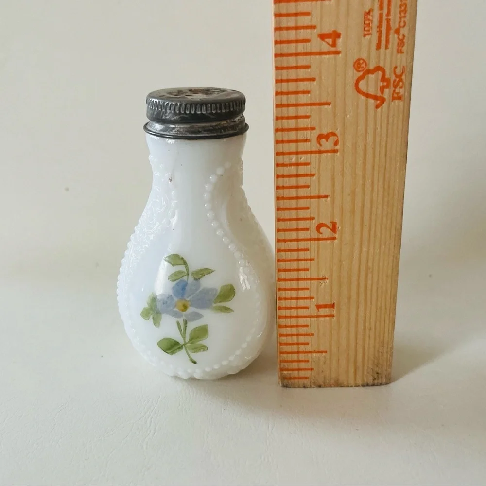 Vintage Milk Glass Salt Shaker with Floral Design and Metal Lid